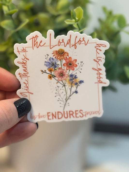 Give thanks to the lord for he is good his love endures forever